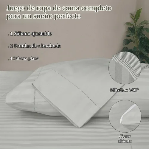 Vista 3 de Threadmill Juego de sábanas de algodón de lujo de 500 hilos tamaño King de 4 piezas, sábanas suaves y sedosas de color gris claro con bolsillo Rayas