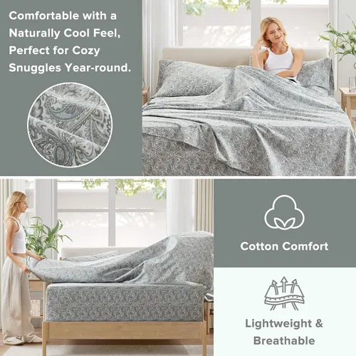 Vista 39 de Comfort Spaces Sábanas 100% algodón tamaño King, transpirables y ultra suaves, sábanas de algodón naturalmente fresco con bolsillo elástico de 14