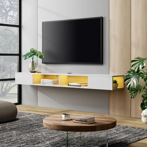 Vista 2 de WAMPAT Estante flotante de TV de 70 pulgadas con luz LED amarilla, soporte de TV flotante blanco montado en la pared con almacenamiento para TV
