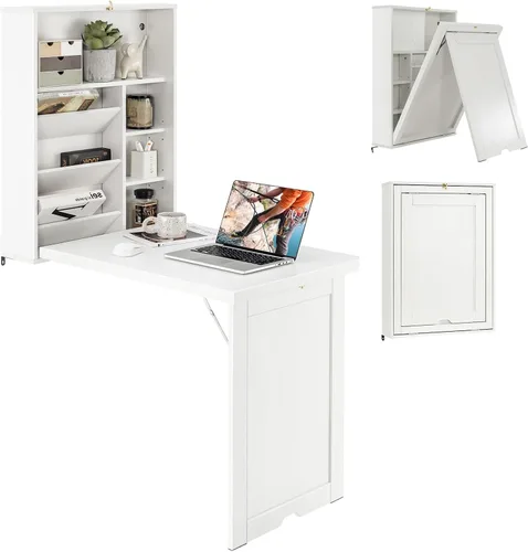 Vista 11 de Escritorio montado en la pared, escritorio flotante plegable de madera, escritorio convertible para computadora con área de almacenamiento, mesa