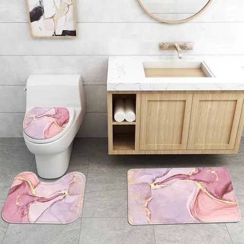 Vista 4 de Juego de 4 cortinas de ducha de mármol de lujo, juegos de baño con cortina de ducha, alfombra de tapa de inodoro, tapete de contorno y tapete