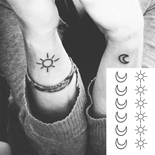 Vista 2 de 36 tatuajes de sol y luna, 3 hojas de transferencia de agua, arte minimalista para el cuerpo pequeño, impermeable, tatuajes falsos temporales