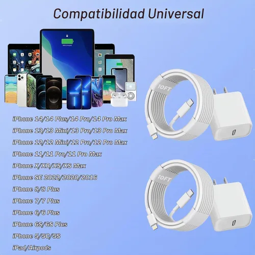 Vista 4 de Cargador rápido para iPhone, [certificado Apple MFi] Paquete de 2 cargadores de pared PD USB C con cargador de pared USB C extra largo de 10 pies a