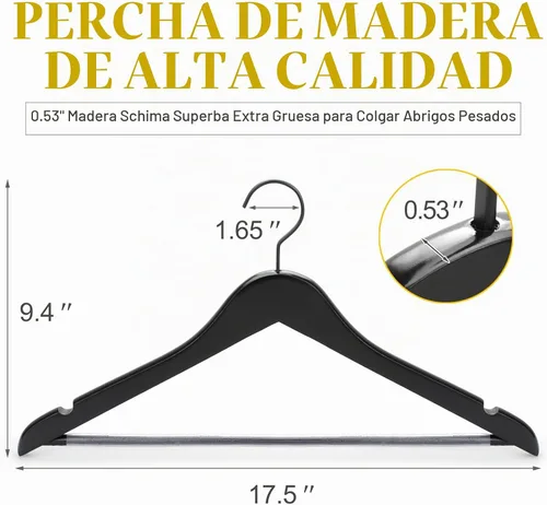 Vista 2 de TOPIA HANGER - Juego de perchas de madera premium, perchas de madera de lujo boutique con gancho extra grueso y barra antideslizante para Negro