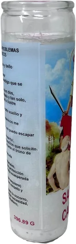 Vista 2 de Veladora de rezo San Martín Caballero oración al reverso en español para problemas económicos 14 oz vaso grande una pieza Blanca sin esencia