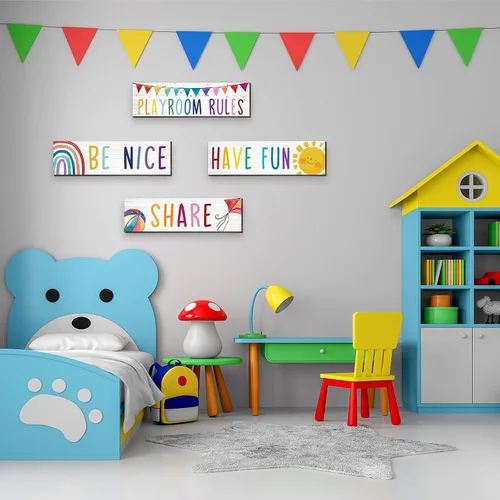 Vista 7 de 4 piezas de madera para sala de juegos para niños, decoración de pared con texto en inglés «Be Nice Share Have Fun», placa de pared colorida