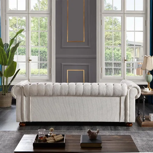 Vista 7 de Lestar Sofá Chesterfield de 3 plazas de 88 pulgadas con decoración de uñas en tela de lino, cómodos sofás para sala de estar (beige)