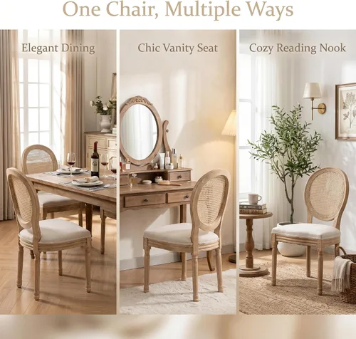 Vista 7 de French Country Set of 2 Dining Chairs, Linen Farmhouse Wood Chairs Beige