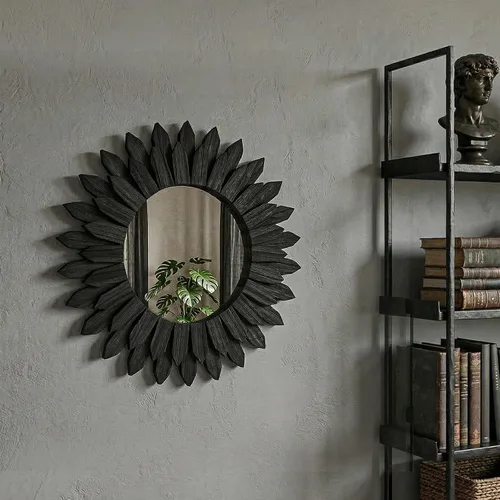 Vista 2 de Espejo de Pared Boho de 20 Pulgadas Negro con Diseño de Rayos de Sol - Espejo Circular de Madera para Pared, Espejo Circular Rústico Hecho a Mano