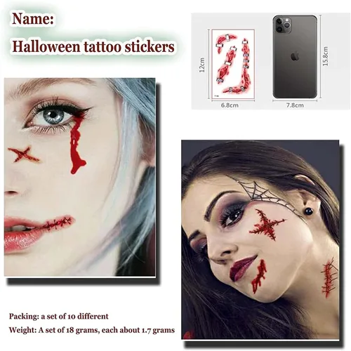Vista 3 de Maquillaje de broma de Halloween, tatuaje temporal, juego de roles de Halloween, kit de calcomanías decorativas de tatuaje de boca grande