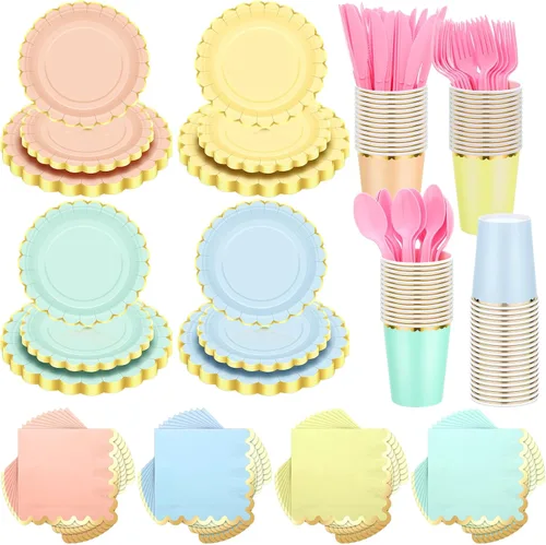 Vista 7 de Yaomiao Juego de 336 platos y servilletas, suministros para fiestas, platos festoneados, vasos, servilletas con tenedores de plástico, cuchillos