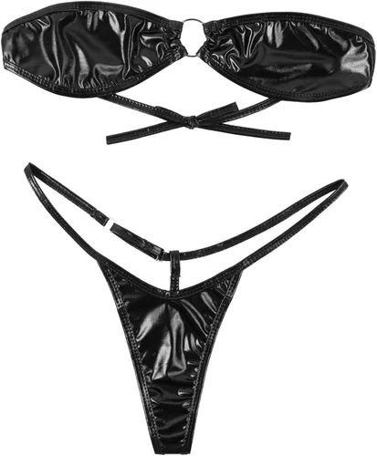 Vista 3 de Sywiyi Traje de baño de trikini brillante metálico para mujer, con cuello halter, tanga con cordones, lencería