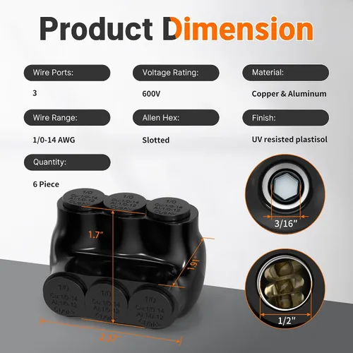 Vista 2 de Joinfworld Conector multigrifo aislado de 3 puertos 1/0-14AWG de aluminio a cobre, conectores de aluminio de entrada de un solo lado con hexagonal