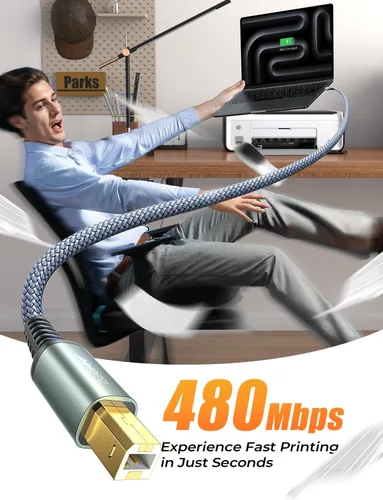 Vista 4 de AINOPE Cable de impresora, cable MIDI USB 2.0 trenzado de nailon de alta velocidad para computadora, tipo C/gris/6.6 pies