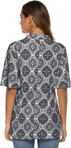 Vista 5 de HOCOSIT - Camiseta de manga corta con olanes y cuello en V con estampado de flores, plisada y abotonada, para mujer
