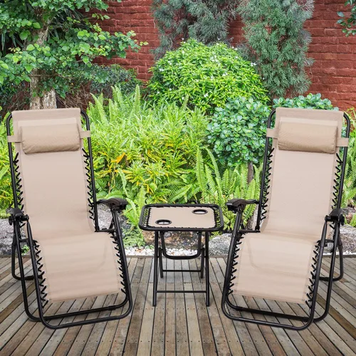 Vista 2 de Giantex Juego de 3 sillas de gravedad cero, tumbonas para patio, piscina, reclinables, plegables, sillas de descanso para patio trasero (beige)