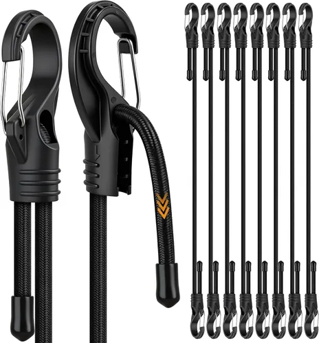 Vista 14 de Rollo de cuerda elástica con 40 ganchos ajustables, cuerdas elásticas resistentes de 1/3 pulgadas x 65 pies, cuerda elástica negra de grado marino
