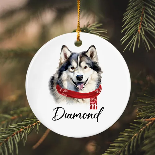 Vista 4 de Adorno de cerámica personalizado de Alaskan Malamute para perro, papá, mamá, amantes de los perros, adorno de Navidad personalizado de Alaskan