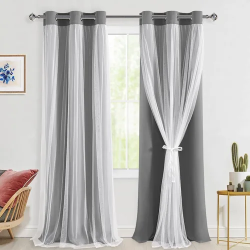 Vista 55 de Hiasan Cortinas opacas con superposición transparente, aislamiento térmico para mezclar y combinar de doble capa, cortinas de oscurecimiento de Beige