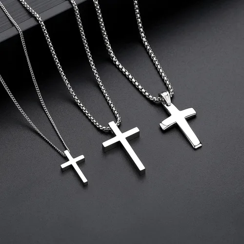 Vista 8 de REVEMCN Collar de cruz de plata y oro negro para niños de acero inoxidable con colgante de cruz para hombres y mujeres, joyería religiosa, regalos