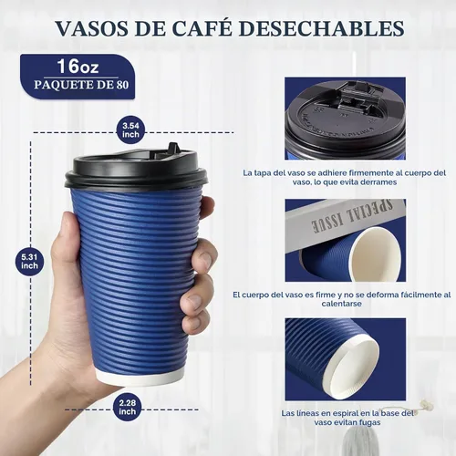Vista 2 de LITOPAK - Tazas de café de 16 onzas, paquete de 80 tazas de papel caliente con aislamiento de pared ondulada Azul