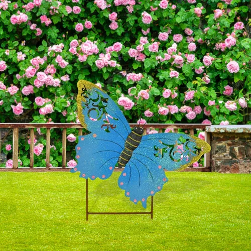 Vista 4 de Estaca decorativa de mariposa para jardín, bonita decoración de insectos de metal, decoración de jardín al aire libre para patio, porche, césped