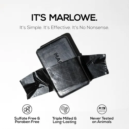 Vista 4 de Marlowe. Barra de jabón facial y corporal de carbón No.106 Charcoal soap bar detoxifies and deeply cleanses while leaving skin smooth and