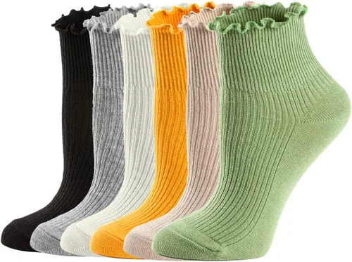 Vista 14 de Mcool Mary Calcetines con volantes para mujer, lindos calcetines de tobillo cálidos de invierno, de algodón de punto ondulado, paquete de 6 1 verde