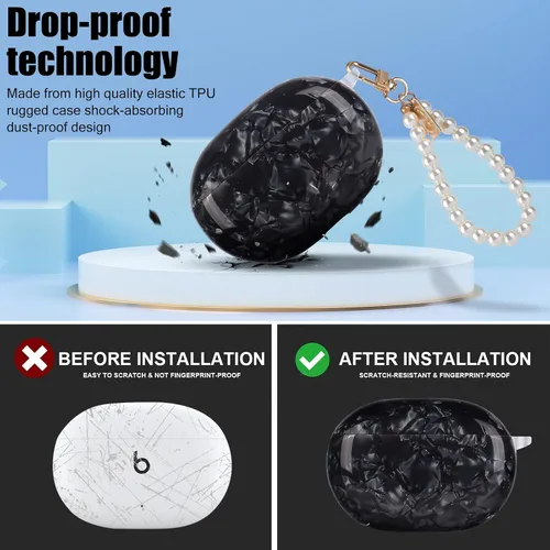 Vista 3 de Diseño de carcasa de mármol con purpurina para Beats Studio Buds con cadena de muñeca de perla, llavero con cubierta protectora de piel brillante