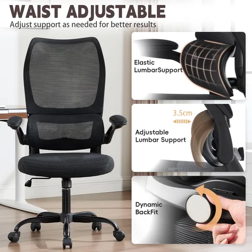 Vista 8 de Silla de oficina ergonómica, silla de escritorio de malla transpirable con respaldo alto para computadora con soporte lumbar ajustable