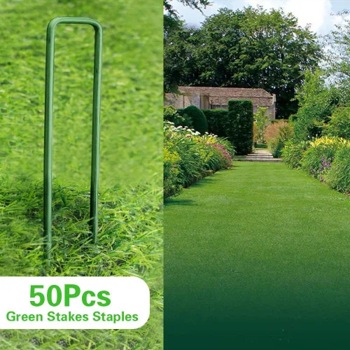 Vista 4 de Bakulyor 50 piezas de grapas verdes para paisajismo de 15 cm, estacas de césped artificial para jardín, calibre 11, grapas galvanizadas para césped