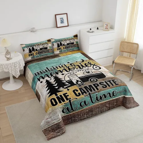 Vista 3 de Juego de ropa de cama con temática de cámper, juego de edredón de cabaña de madera marrón y verde, tamaño matrimonial, 3 piezas, decoración de Multi