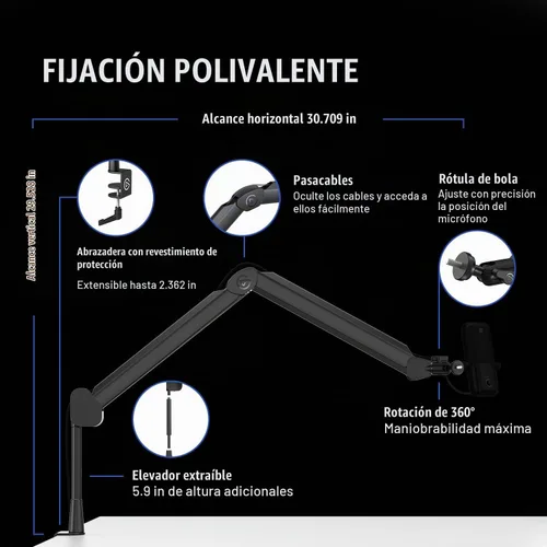 Vista 3 de Brazo articulado Elgato Wave Mic - Brazo tipo boom de transmisión premium con canales de gestión de cables, abrazadera de escritorio, adaptadores