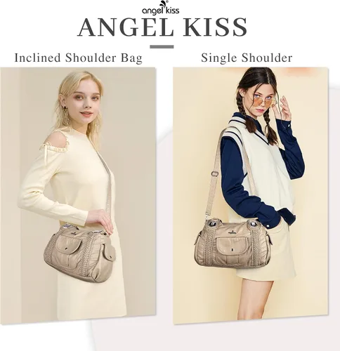 Vista 7 de Angelkiss - Bolsos y bolsos de mano para mujer, de cuero vegano lavado, bolso cruzado estilo hobo