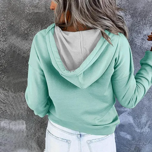 Vista 4 de Sudadera con capucha de retazos para mujer, sudadera con capucha y cremallera, sudadera de manga larga casual, Beige