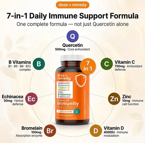 Vista 2 de Una dosis de quercetina de inmunidad con vitamina C y zinc, vitamina D, 500 mg de quercetina bromelina con equinácea y vitaminas B, suplemento