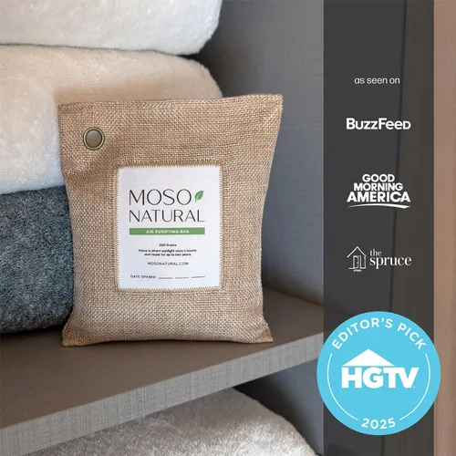 Vista 5 de Moso Natural Bolsa purificadora de aire de 7.05 oz (paquete de 4). Un eliminador de olores sin olor para automóviles, armarios, baños, áreas