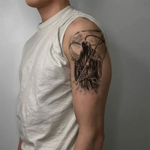 Vista 3 de 2 hojas de pierna de brazo impermeable falso tatuaje temporal etiqueta de la vieja escuela muerte