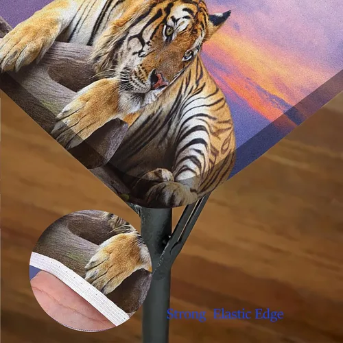 Vista 5 de Mantel cuadrado de animales, tigre acostado en madera, cielo azul, colorido, puesta de sol, elástico, para restaurantes, picnic, patio, decoración