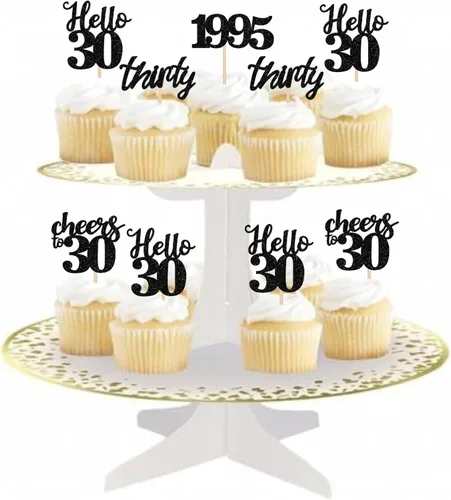 Vista 5 de 24 decoraciones negras para cupcakes de 30 cumpleaños con purpurina Hello 30, decoración de cupcakes Cheers to 30 desde 1995, treinta selecciones