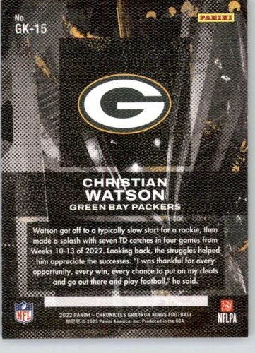 Vista 2 de Panini Chronicles Gridiron Kings #15 Christian Watson Green Bay Packers RC Rookie Card Tarjeta oficial de fútbol de la NFL en estado crudo