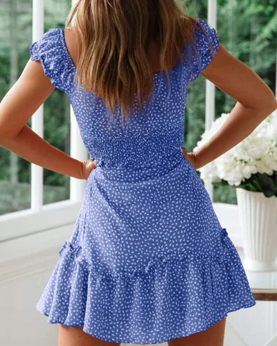 Vista 3 de Yobecho - Minivestido estampado de verano con mangas con volantes y escote corazón para mujer