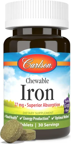 Vista 5 de Carlson Hierro masticable, 27 mg, absorción superior, 30 comprimidos masticables Uva; Producción de energía; Bienestar óptimo