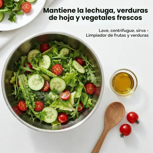 Vista 3 de Ensaladera grande de acero inoxidable giratorio de 5.3 cuartos de galón, secadora de lechuga, lavadora de verduras con botón de freno, base