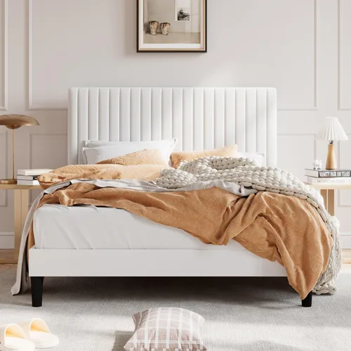 Vista 17 de SHA CERLIN Base de cama de plataforma tapizada completa con cabecera ajustable, tela de terciopelo capitoné de canal vertical, soporte de listones