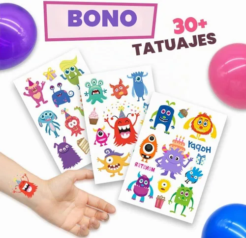 Vista 7 de Suministros de fiesta de monstruos, decoraciones de cumpleaños de monstruo: globos de monstruo, platos de papel, servilletas, tazas, cupcakes
