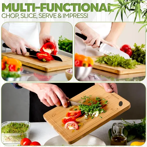Vista 6 de Juego de 3 tablas de cortar de madera, tablas de cortar de bambú no tóxicas para cocina con ranuras profundas para jugos, tablas de servir de madera