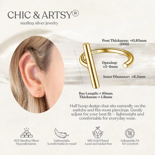Vista 5 de CHIC & ARTSY Aretes de medio aro de plata de ley 925 para mujer, juego de aros pequeños con barra de bola, estrella, luna y perla, ligeros, ajuste