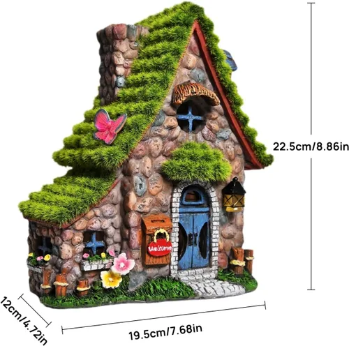Vista 4 de Estatuas de casa de hadas de resina ASAWASA con luces solares, esculturas de jardín divertidas con decoración flocada y adoquinada, exquisitas