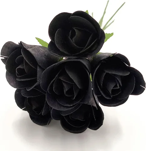 Vista 2 de 6 rosas de madera negras medio abiertas para manualidades, ramos personalizados y otros proyectos. 16 colores para elegir. Negro